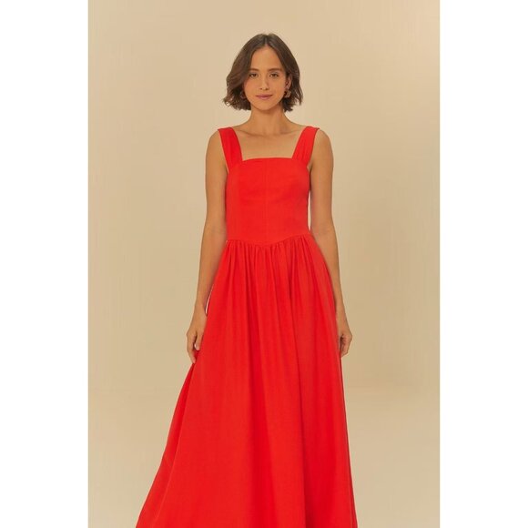 NWOT Farm Rio Stretch Linen Blend Cami Maxi Dress Size M Classic RED - Picture 1 of 16